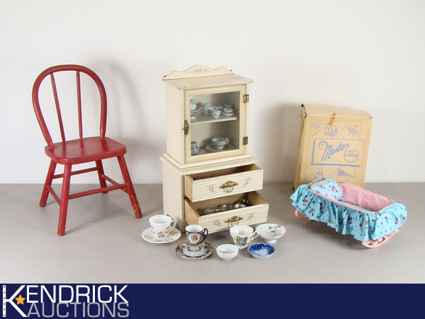 lot 21 image: Lot of Vintage Doll China Hutch, Chair, Cradle etc.