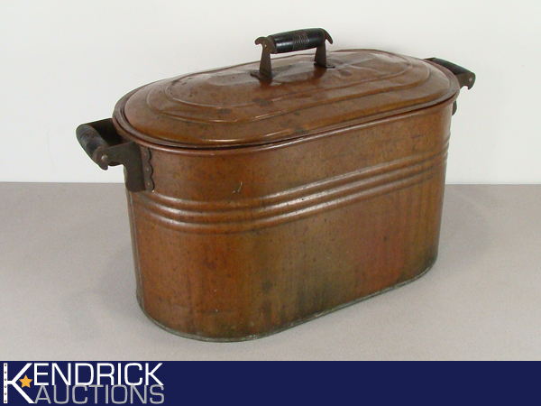 lot 36 image: Antique Copper Boiler Tub with Lid, and Wood Handles