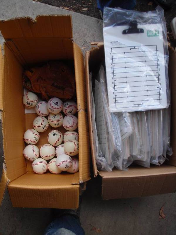 Box Lot Of Coaches Football Clip Boards, Box Lot Of T-Balls, Base Ball Glove