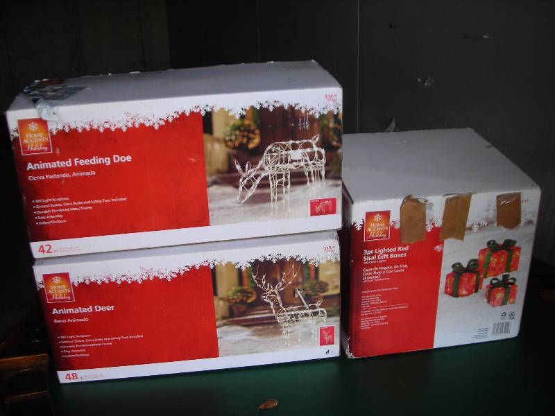 2- Lighted Animated Deer Displays, 3- Piece Lighted Gift Box Set Display In Boxes