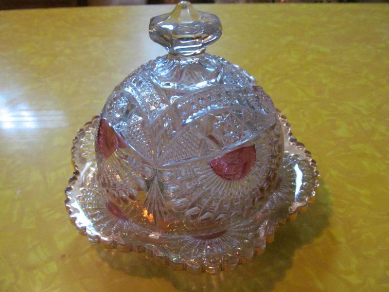 Cranberry Cut Glass Serving Dish