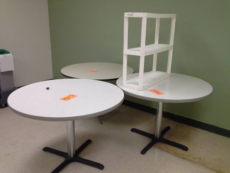 (3) Break Room Tables plus Plastic Shelf