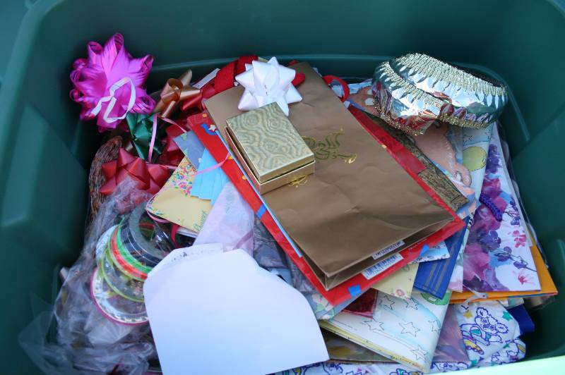 Box of gift bags, ribbon, wrap