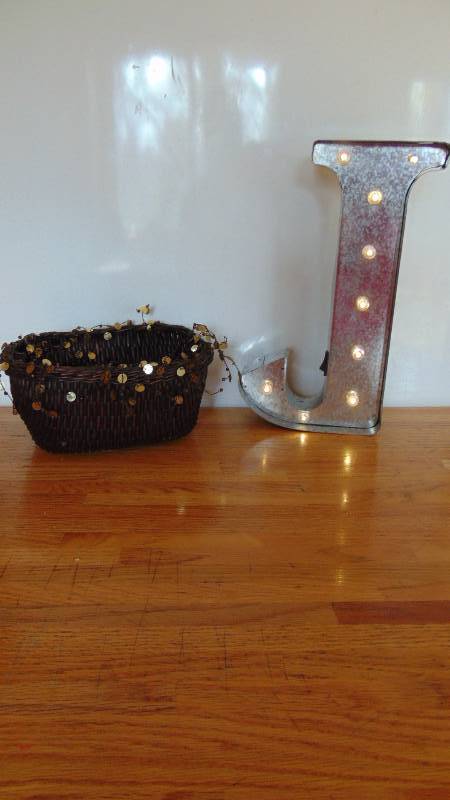 Lighted Metal Letter J and decorative basket