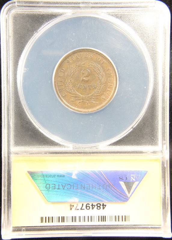 1864 US TWO CENT PIECE LARGE MOTTO AU50 ANACS CERTIFIED