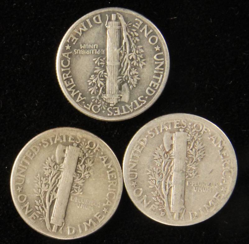 GROUP OF 3 SILVER MERCURY DIMES F-VF