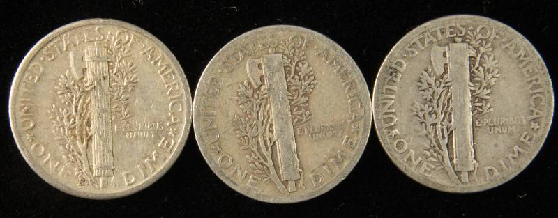 GROUP OF 3 SILVER MERCURY DIMES F-VF