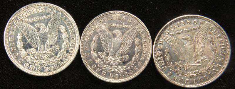 GROUP OF 3 MORGAN SILVER DOLLARS XF-AU CLEANED