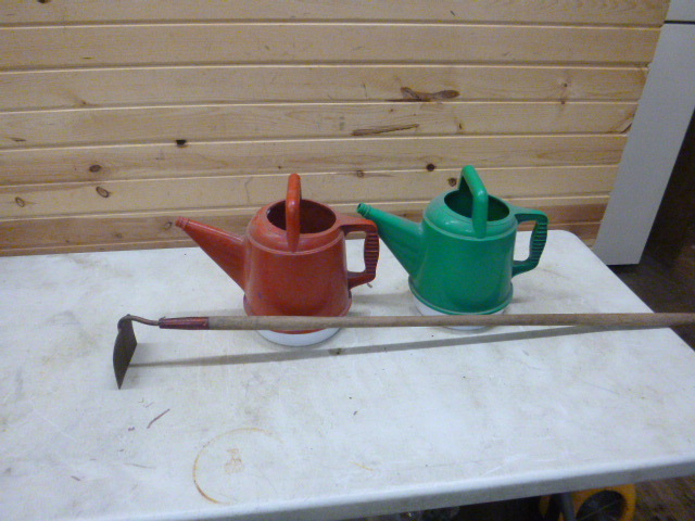 Garden Hoe and 2 Water Cans