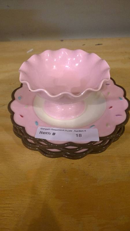 Set of 4 ceramic pink cupcake themed plates and dip bowl