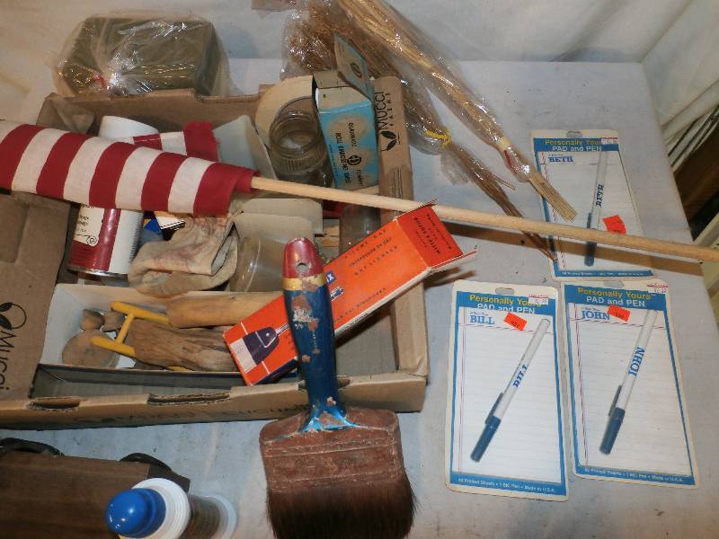 clock, radio, small flag and misc items