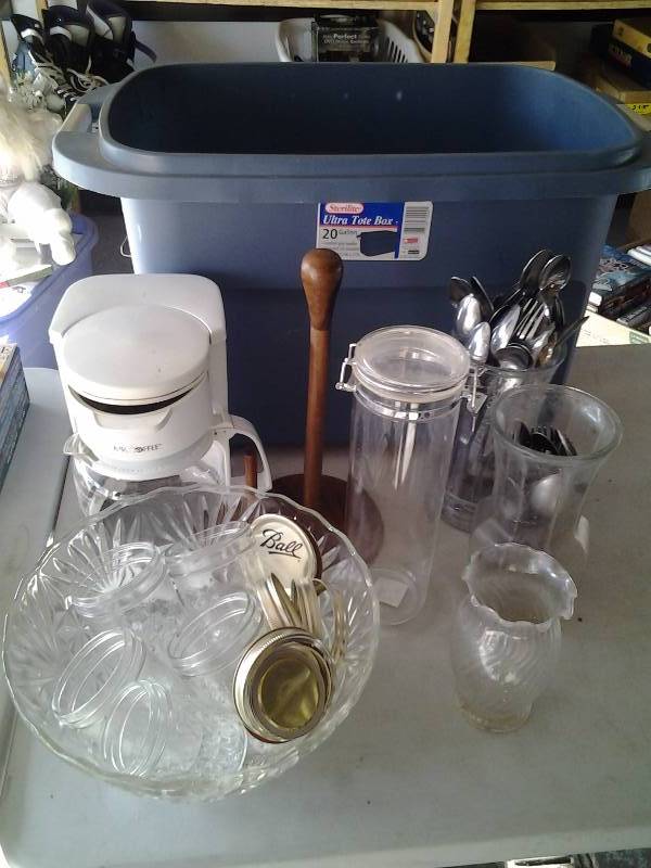 Tote With Coffee Maker, Jars, Flatware