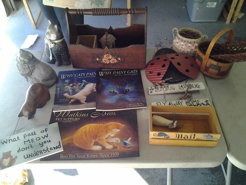 Cat Figures, Books, Metal Sign, Baskets, More