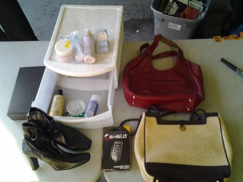 2- Purses, Storage Bin, Aveda Products, Ankle Boots Size 9, More