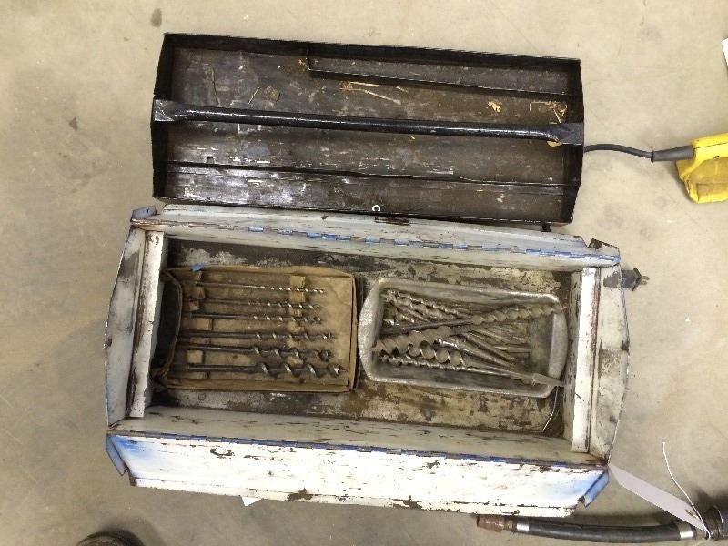 Assorted Vintage auger drill bits  metal tool box