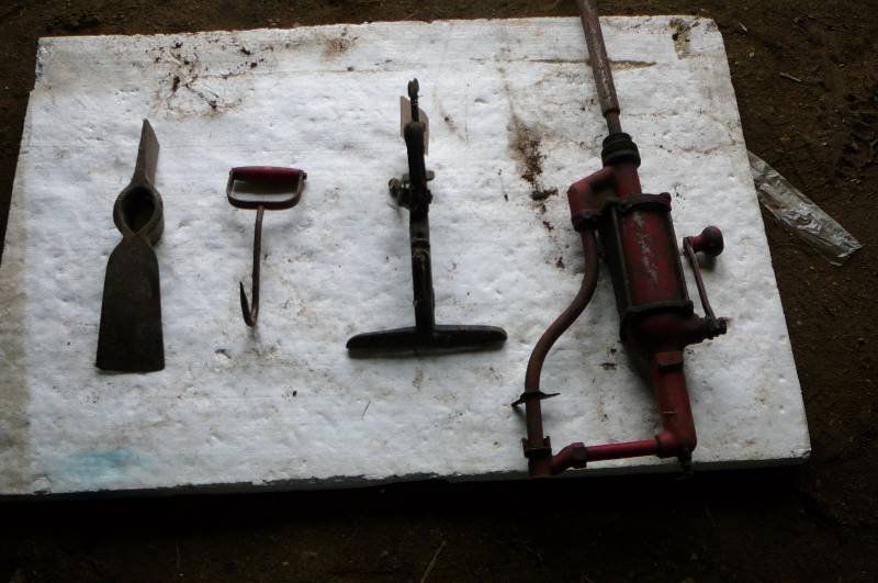Antique Hay Hook, Vise, Oil pump and Pick