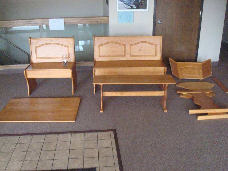 Wood Bench And Table Set, In Pieces, Has Some Screws, Some Wear