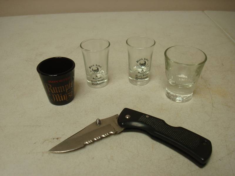Lot Of Shot Glasses And Folding Knife