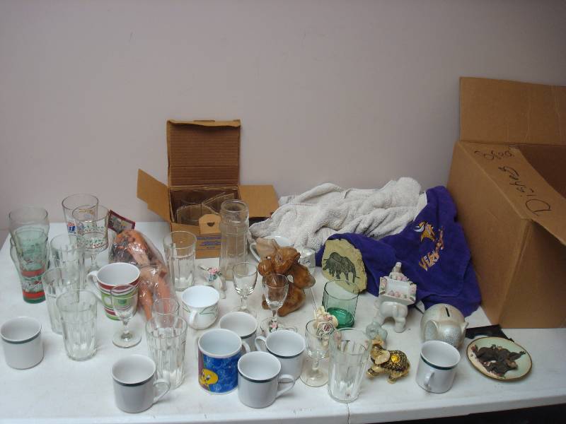 Box Filled With Cups And Decor, Elephants