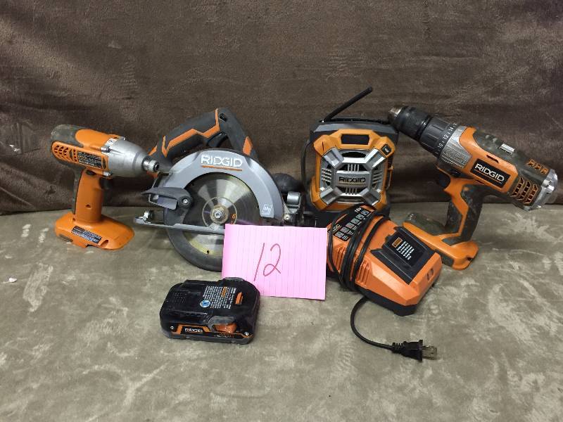 Ridgid 18V tool set Tested  Works- Drill Impact Drill, Radio, saw, Battery and Charger