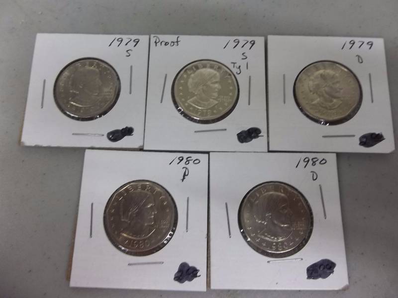 5- Susan B. Anthony $1 1979S, 1979 Type1 Proof, 1979D, 1980D, 1980P