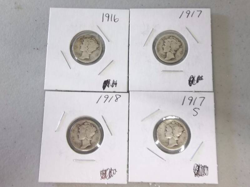 1916, 1917, 1917 S, 1918 Mercury Dimes