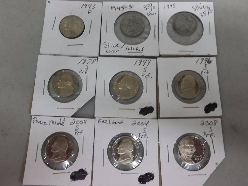 3 War Time Silver Nickels, 6 Jefferson Proof Nickels