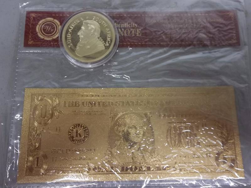 Gold Bank Note With COA 99.9 Pure 24K & 1967 So. African Kuggerand Copy (No Guarantee Of Quality Of Quantity)