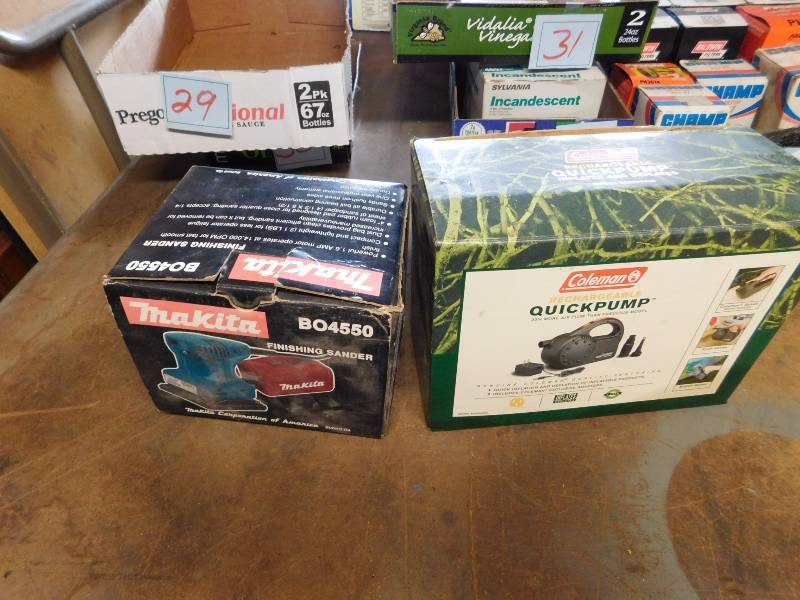 lot 29 image: Makita sander and coleman air pump