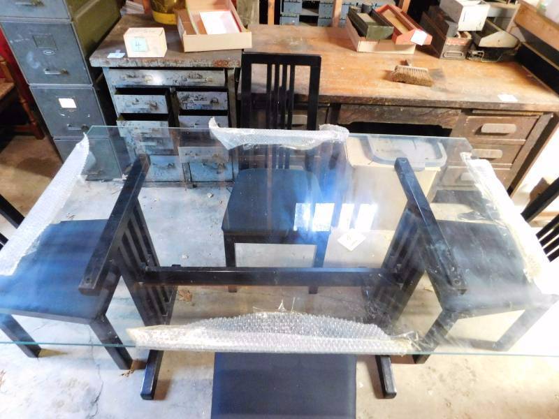 lot 92 image: Glass top table with mission style base and chairs