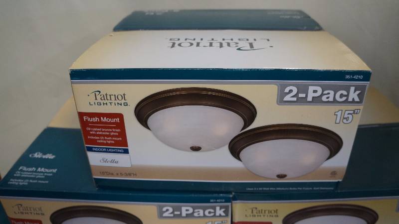 lot 11 image: 6 New Sealed Single TwinPack Boxes of 15 Patriot Lighting Flush Mount Stella Ceiling Lights