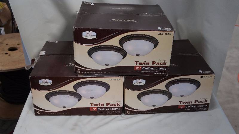 lot 19 image: 3 New Sealed Boxes of 2 TwinPacks 15 Patriot Lighting Flush Mount Ceiling Lights