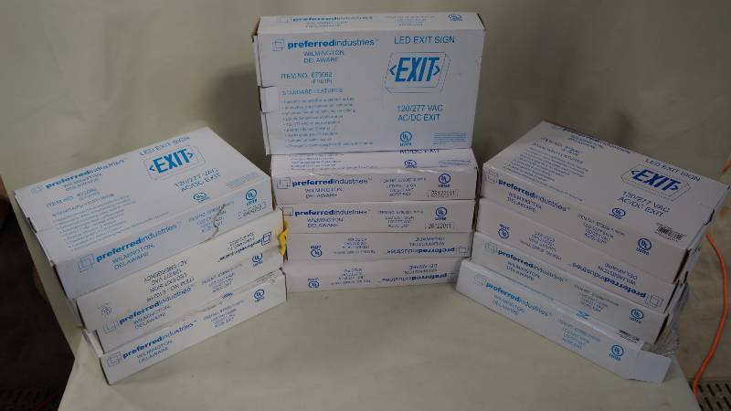 lot 25 image: Lot of 13 NIB Preferred Industries LED Exit Signs 120277 VAC