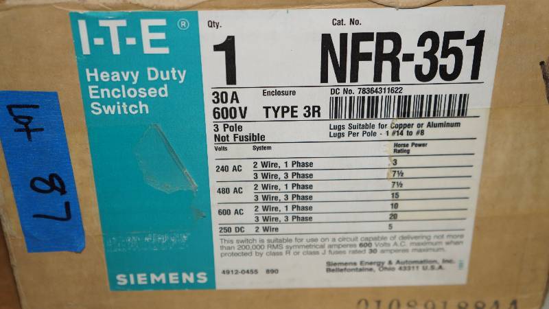 lot 87 image: NIB Siemens I-T-E Heavy Duty Switch 30 A 600 V Type TR