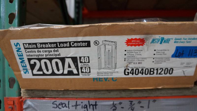 lot 113 image: NIB Siemens 200 Amps Indoor NEMA Type 1 Main Breaker Load Center
