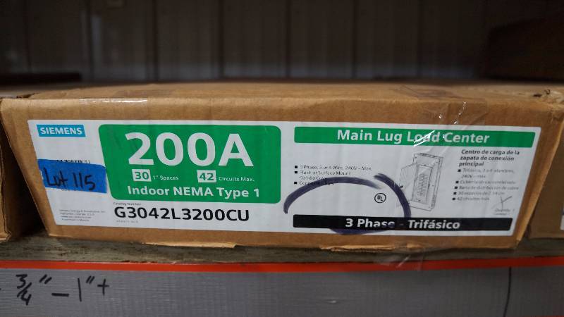 lot 115 image: NIB Siemens 200 Amps Indoor NEMA Type 1 Main Lug Load Center
