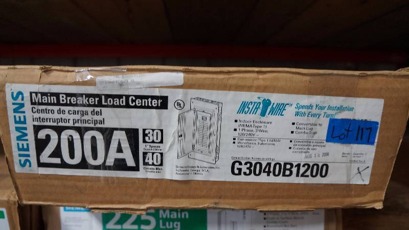 lot 117 image: NIB Siemens 200 Amps Indoor Enclosure (NEMA Type 1) Main Breaker Load Center
