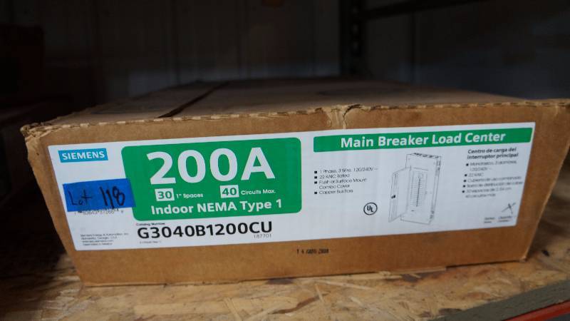 lot 118 image: NIB Siemens 200 Amps Indoor NEMA Type 1 Main Breaker Load Center