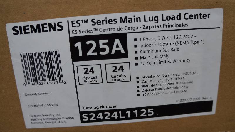 lot 165 image: NIB Siemens 125 Amps Indoor ES Series Main Lug Load Center