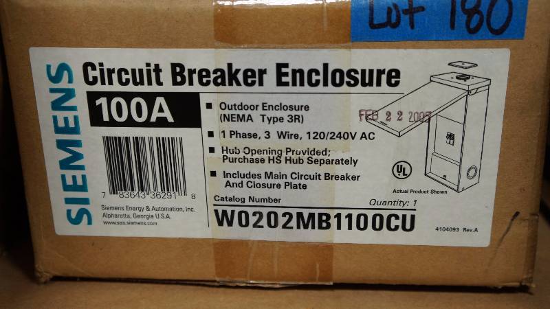 lot 180 image: NIB Siemens 100 Amp Outdoor Enclosure (NEMA Type 3R) Circuit  Breaker Enclosure