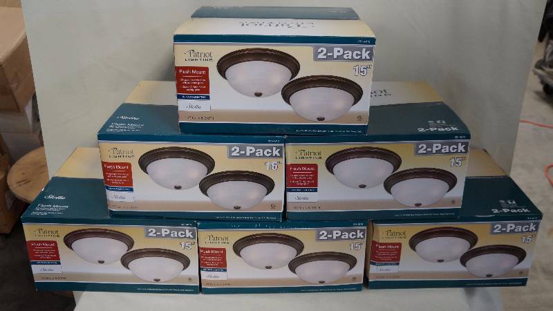 lot 12 image: 6 New Sealed Single TwinPack Boxes of 15 Patriot Lighting Flush Mount Stella Ceiling Lights