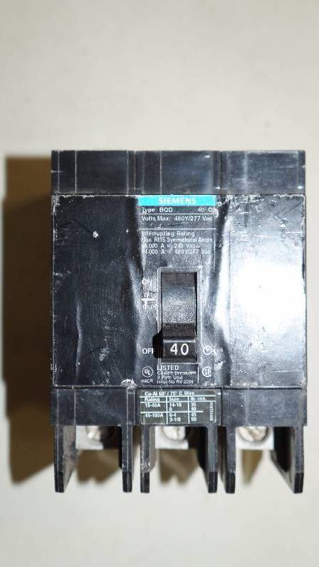 lot 209 image: Siemens 40 Amp Type BQD 480Y277 VAC Interrupting Rating 3 Pole Bolt On Circuit Breaker