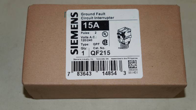 lot 238 image: NIB Siemens 15 Amp 2 Pole 120240 Volts A.C. Type QPF QF215 Ground Fault Circuit Interrupter