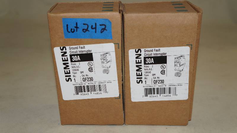 lot 242 image: Qty 2 NIB Siemens 30 Amp 2 Pole 120240 VAC Type QPF QF230 Ground Fault Circuit Interrupter
