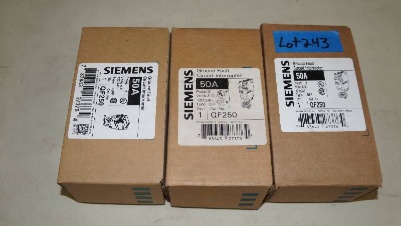 lot 243 image: Qty 3 NIB Siemens 50 Amp 2 Pole 120240 VAC Type QPF QF250 Ground Fault Interrupter