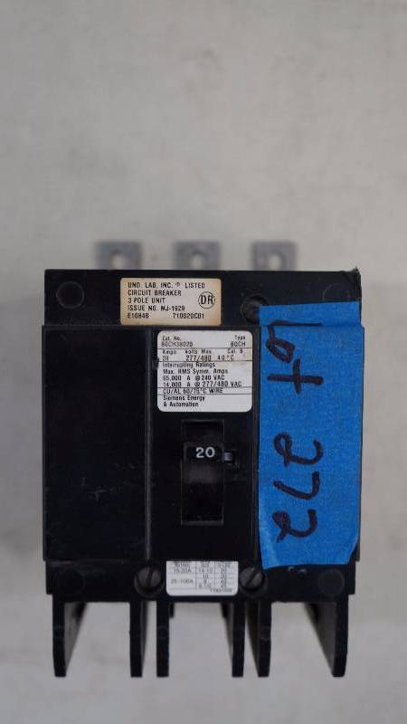 lot 272 image: Siemens 20 Amps 3 Pole 277480 Volts Type BQCH BQCH3B020 Circuit Breaker