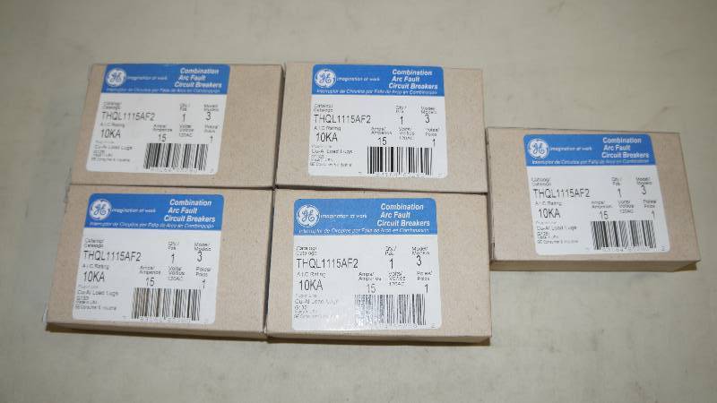 lot 308 image: Qty 5 NIB GE 15 Amp Combination Arc Fault Circuit Breakers
