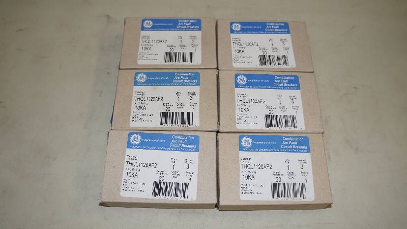 lot 309 image: Qty 6 NIB GE 20 Amp 1 Pole Combination Arc Fault Circuit Breakers