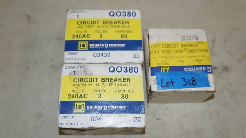 lot 318 image: NIB Square D 70 Amp & 80 Amp 3 Pole Circuit Breakers