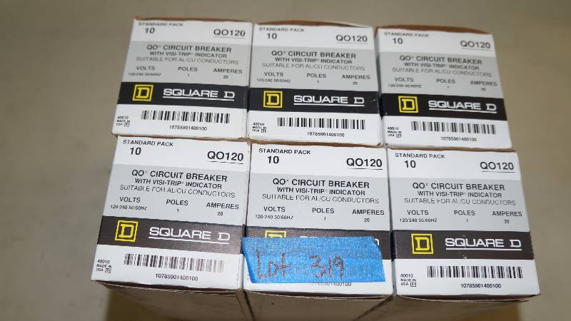 lot 319 image: Qty 60 NIB Square D QO120 20 Amp 1 Pole Circuit Breakers with Visi-Trip Indicator